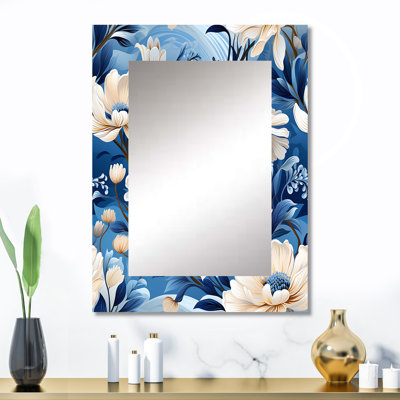 Motif de pivoines bleues et blanches enchantées Chanko - miroir floral, miroir mural décoratif, art imprimé