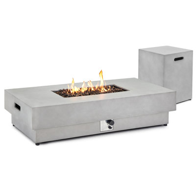60" Outdoor Propane Fire Pit table with Tank Cover Table, 50,000 BTU, Concrete Rectangular Gas Firepit with Steel Lid, Rain cover & Lava Rocks