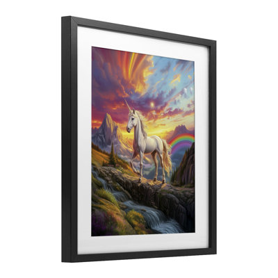 Unicorn with Sunset Rainbow Framed Print Under Glass, design by Jim Baldwin