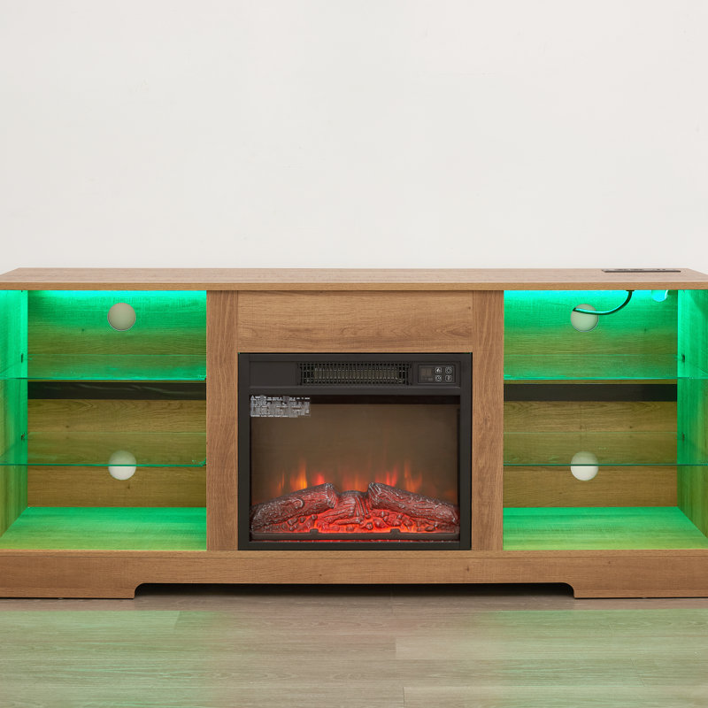 58''W Tv Stand With Electric Fireplace, 3D Flame, Adjustable Led Lights, , For 32 - 62" Tvs, Oak Charging Outlet, 32-62", Oak