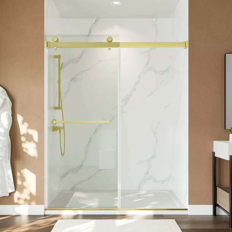 55-59" W x 72" H Frameless Sliding Shower Door, Double Sliding Shower Door with 5/16" (8mm) Clear SGCC& ANSI Tempered Glass, Stainless Steel Hardware, Noiseless Shatterproof Shower Enclosure with Rail and Soft Close, Easy to Clean