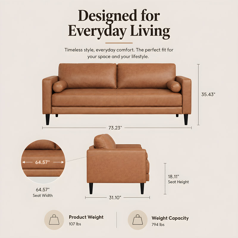 Esin Mid-Century Modern 2-Seater Sofa, Living Room Couch with Plush Foam Seating and Solid Wood Legs, Brown Genuine Leather