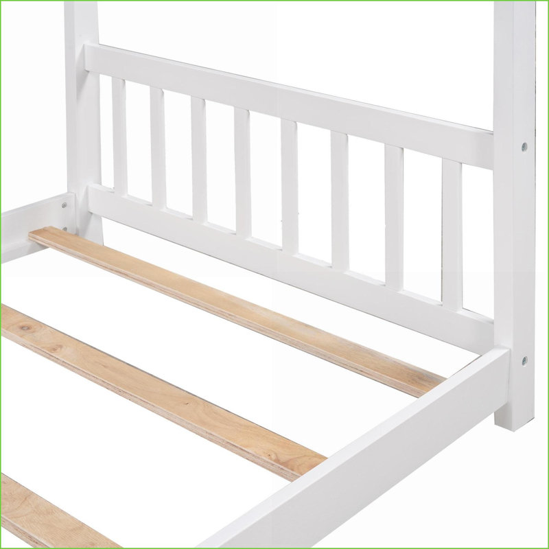 Twin Size Pine Wood &amp; MDF Platform Bed with Roof Design - No Box Spring Needed, White for Bedroom, White