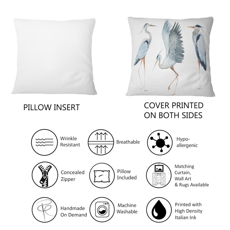 Heron oiseaux II - coussin traditionnel imprimé, 18" x 18"