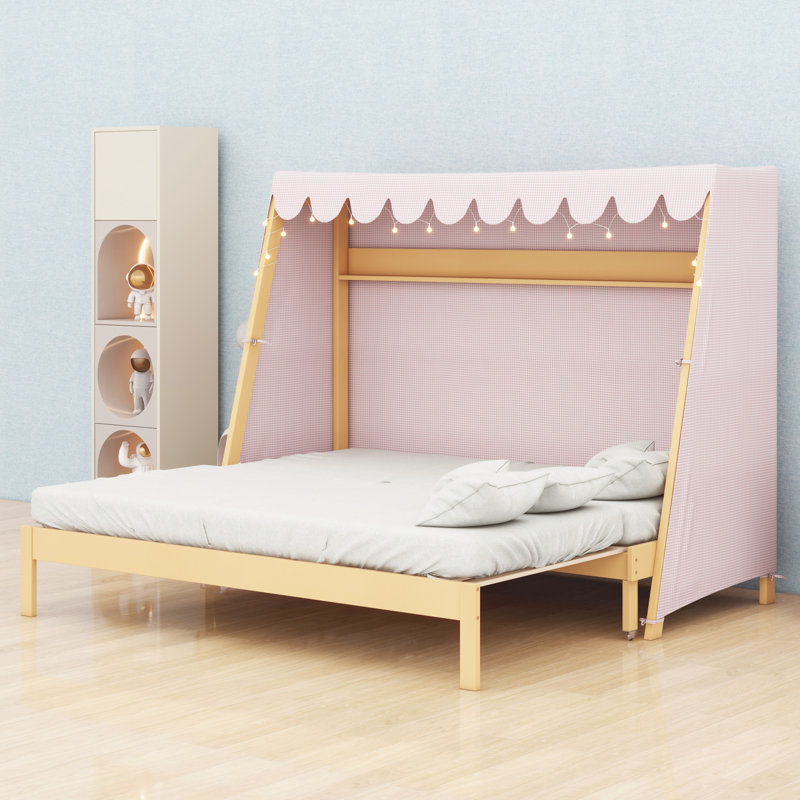 Lit de jeu avec lit gigogne, tente de jeu, tablette de rangement et lumière décorative, Naturel
