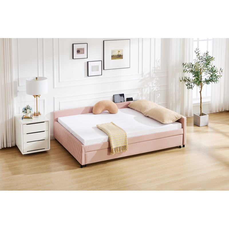 Lit de jour rembourré avec couchette et cadre en bois, Rose
