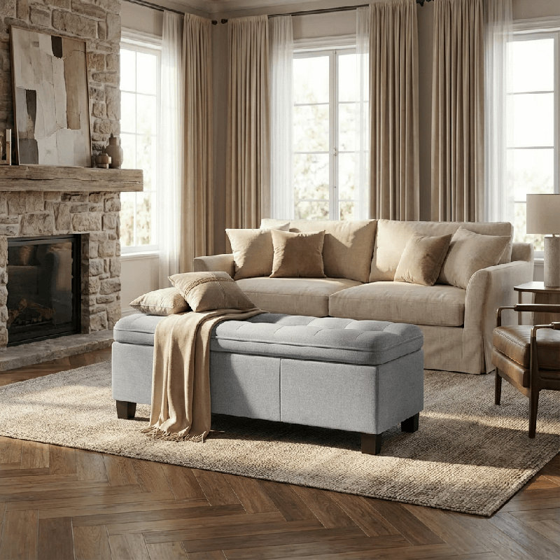 47 Inches Storage Ottoman with Soft Foam, Light Gray