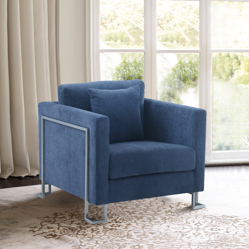 Chaise d'appoint rembourrée en tissu Euda avec pieds en acier inoxydable brossé, Polyester bleu