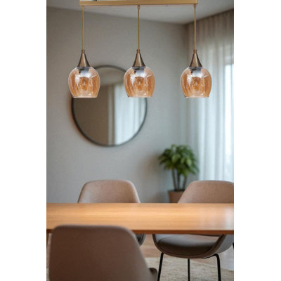 Élégant lustre en métal avec capuchon en verre, finition miel et or, hauteur réglable | Dimensions: 23,6 po x 2,4 po x 1,2 po | 3 x douilles E27 (40 W maximum) | pour le salon, la salle à manger et le vestibule, design élégant et fonctionnel