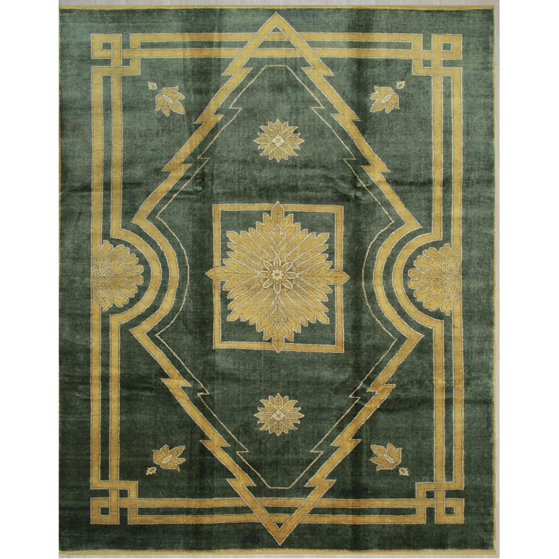 Green Hand-Knotted Wool Art Deco Diamond Geometric Modern Contemporary Carpet Rug, 8' x 10'