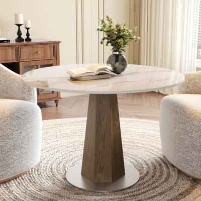 Table de bistro ronde moderne en bois massif pour 2 à 4 personnes | Pied central hexagonal stable et plateau en pierre frittée aspect marbre, idéal comme table de cuisine ou de salon
