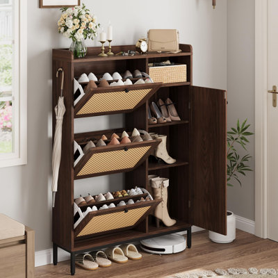 Range-chaussures à 4 niveaux avec 3 tiroirs rabattables, portes en rotin et tablette réglable, range-chaussures autoportant pour le vestibule