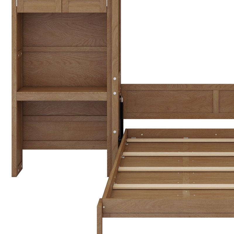 Lit escamotable avec plusieurs tablettes de rangement et décoration à persiennes, Bois