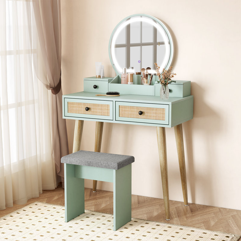 Iesa Boho Natural Rattan Vanity with LED Mirror and Stool