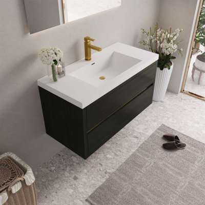 Meuble-lavabo mural 42 po avec lavabo, meuble de rangement flottant, comptoir en résine de pierre, tiroirs à fermeture en douceur, bois espresso