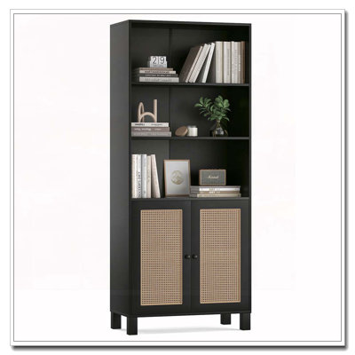 Bookcase with Rattan Doors,5 Tier Storage Wood Shelves by Latitude Run