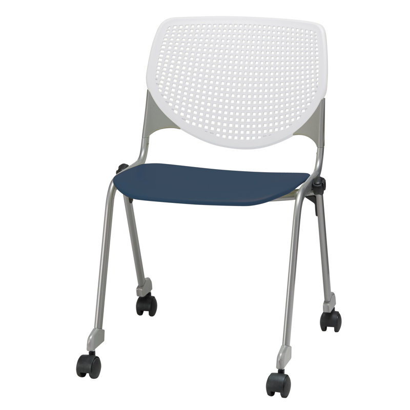 Chaise empilable en poly sans accoudoirs Kool, Avec des roulettes, Blanc / bleu marine