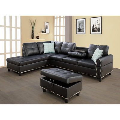 Canapé d'angle noir en similicuir - 4 places, 4 personnes, coussins en mousse, 8 ressorts noués à la main, accoudoirs arrondis, capitonnage discret, rangement et 2 coussins décoratifs