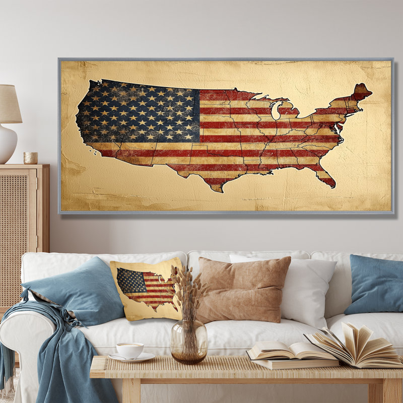 Art mural pour salon Laakkonen, drapeau rétro et carte des États-Unis, H 28 po x l 60 po, Impression encadrée flottante