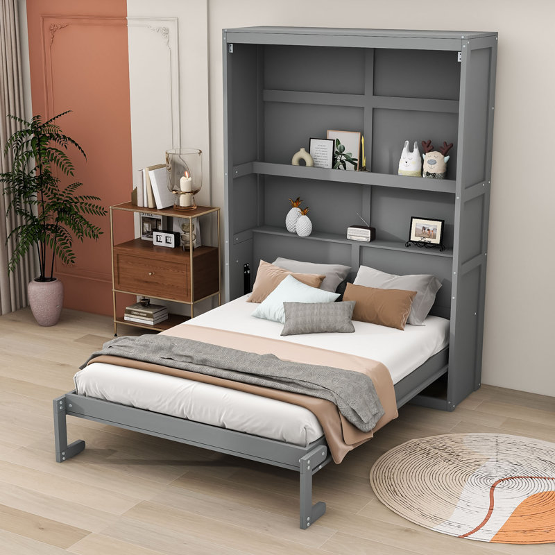 Murphy Bed Cabinet with Built-In Shelves & Hydraulic Lift, Gray, Full