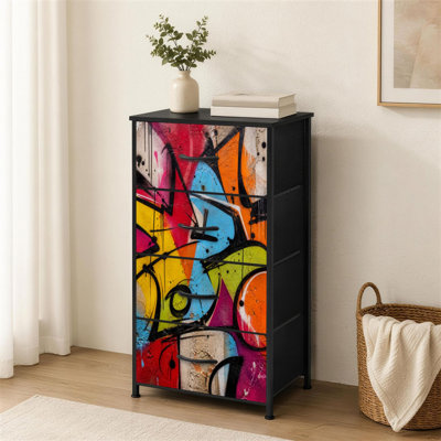 4-Drawer Dresser for Bedroom Graffiti Abstract Geometric Vibrant Colors Urban Style Small Tall Clothes Dresser for Closet Organizers with Chest of Drawers Fabric Storage Bins Dressers