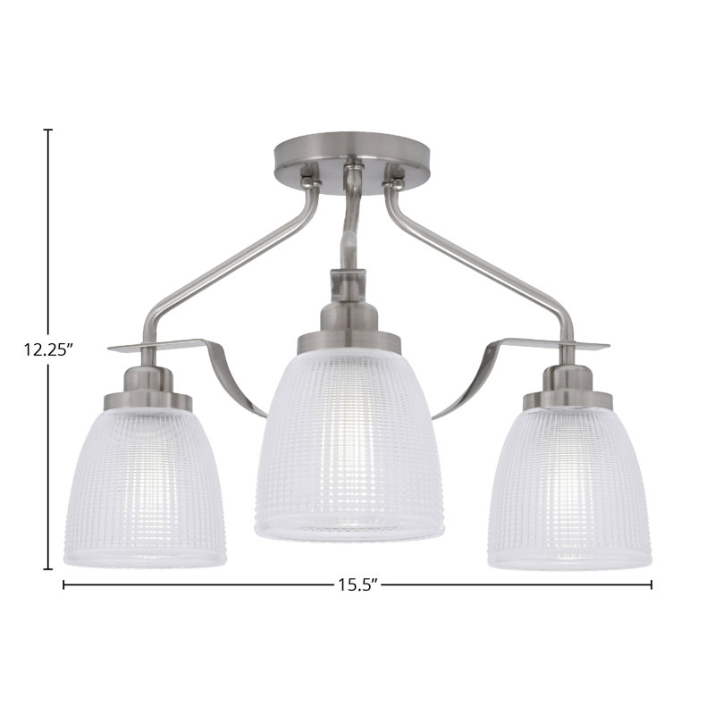 Plafonnier semi-encastré 3 lumières Odyssey au fini nickel brossé avec verre côtelé transparent de 5 po