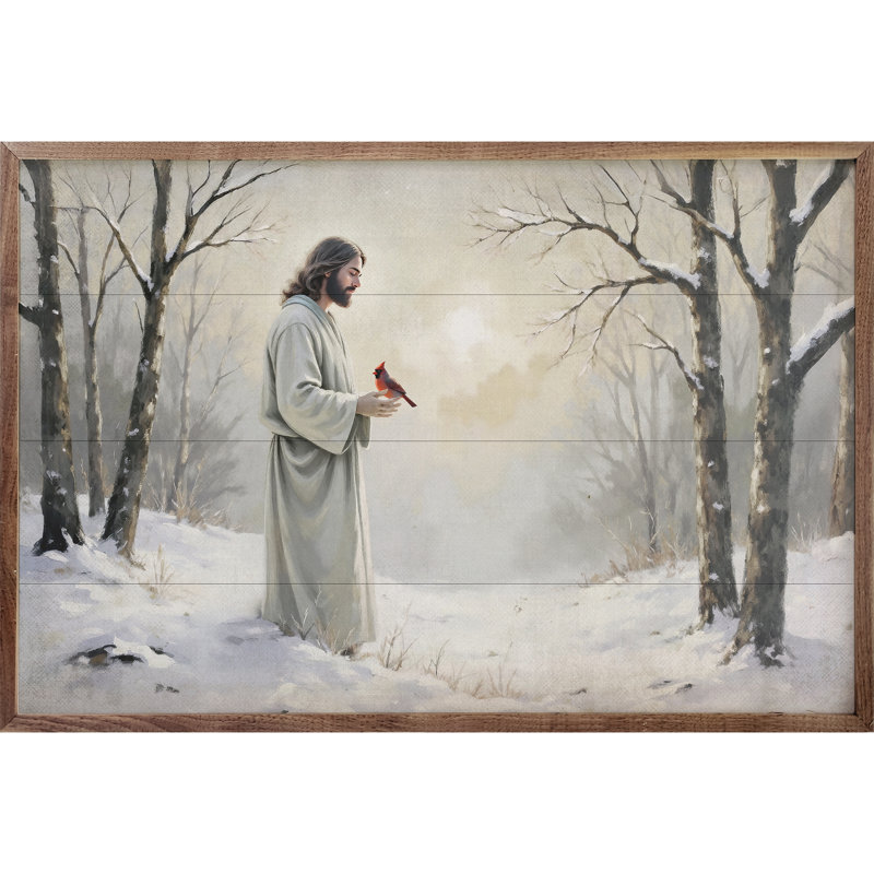 Cardinal et Jésus dans la neige, H 16 po x l 24 po