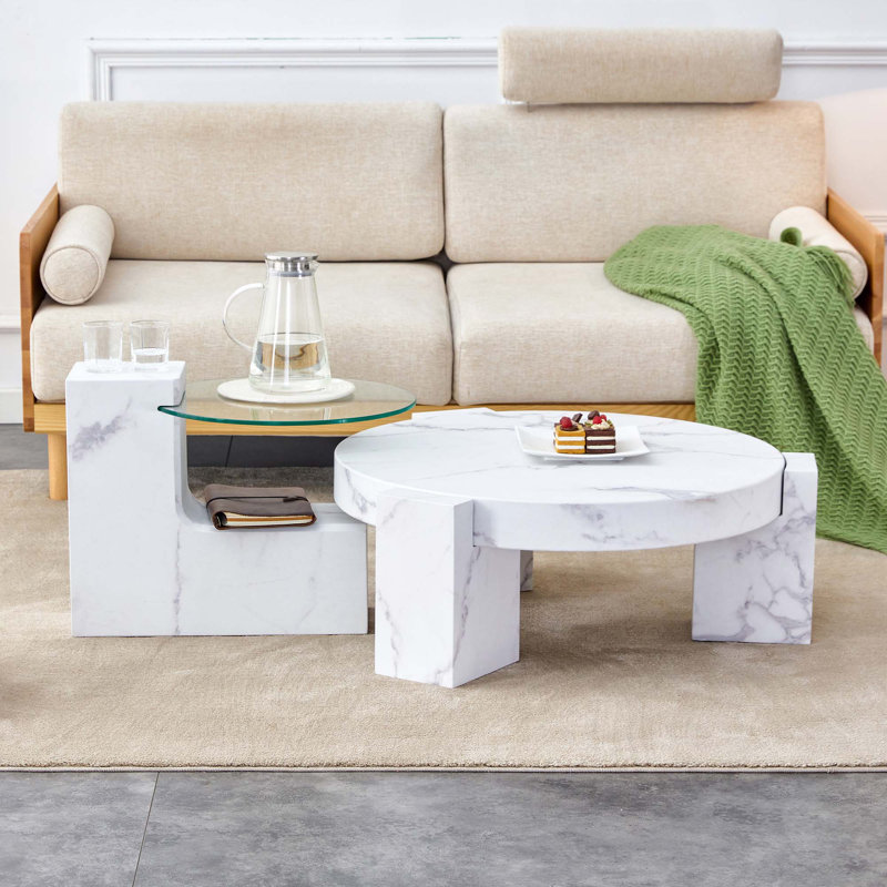 La table basse à deux étages détachable, Blanc, Blanc, Marbre