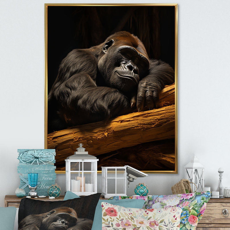 Gorille de la sieste sur toile, H 20 po x l 12 po x P 1 po, Cadre flottant doré