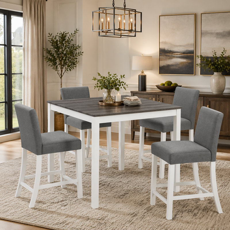 Ensemble de table 5 pièces à hauteur de comptoir avec 4 chaises, ensemble de table à hauteur de comptoir pour 4 avec chaises, ensemble de table à hauteur de comptoir en bois pour la cuisine, la salle à manger, deux tons gris et blanc