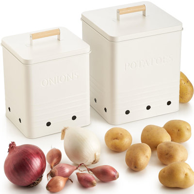 Beautiful Potato And Onion Storage Container Set, 10.1" & 8.9"  - Food Safe Metal Bins Keep Produce Fresh Longer