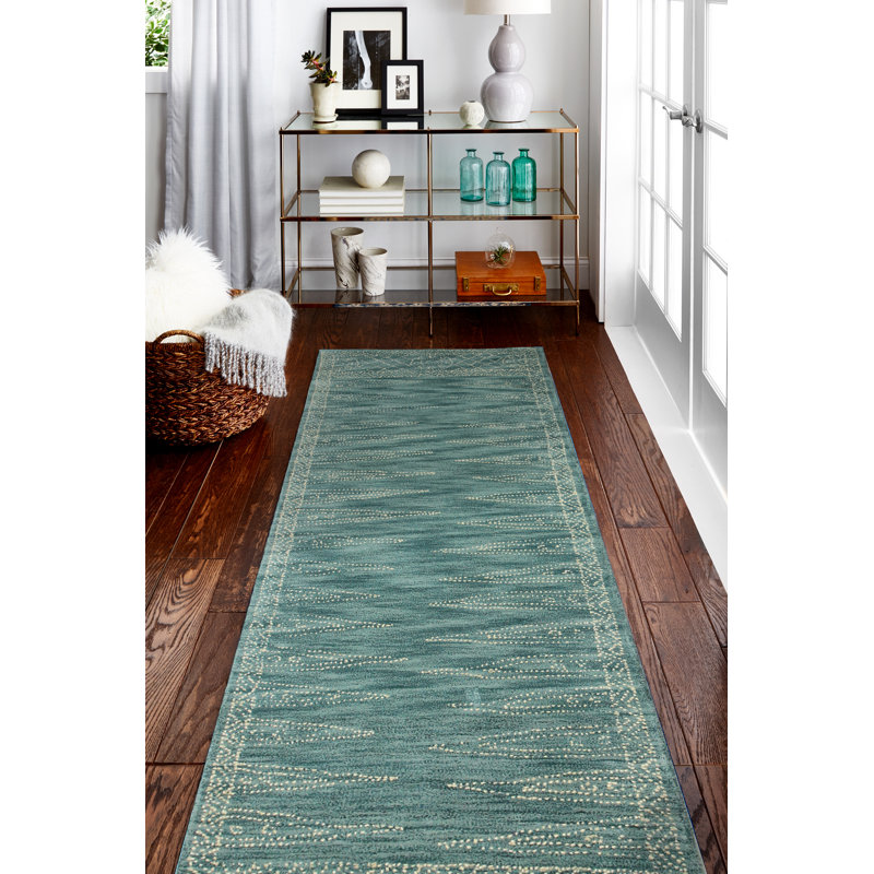 Tapis bleu sarcelle en laine touffeté à la main Gardea, Tapis de couloir 2 pi 6 po x 8 pi
