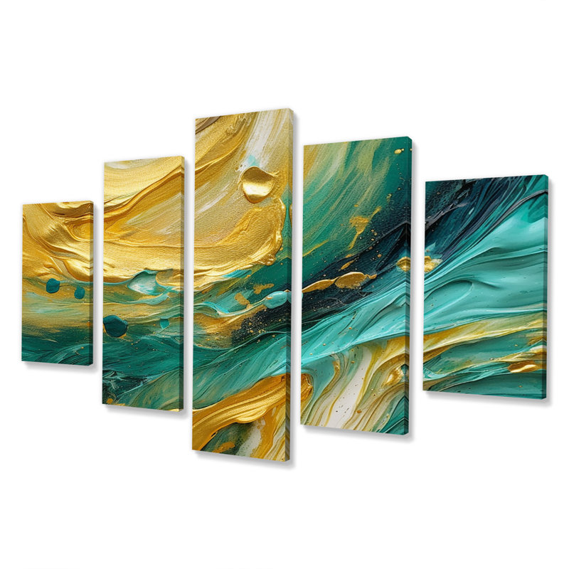 Golden Waves Breaking Abstract IV - Formes abstraites, art mural sur toile - 5 panneaux