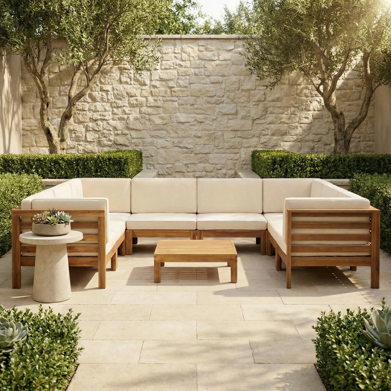 Ensemble de conversation modulaire en teck 9 pièces avec coussins, Structure brune / coussin beige