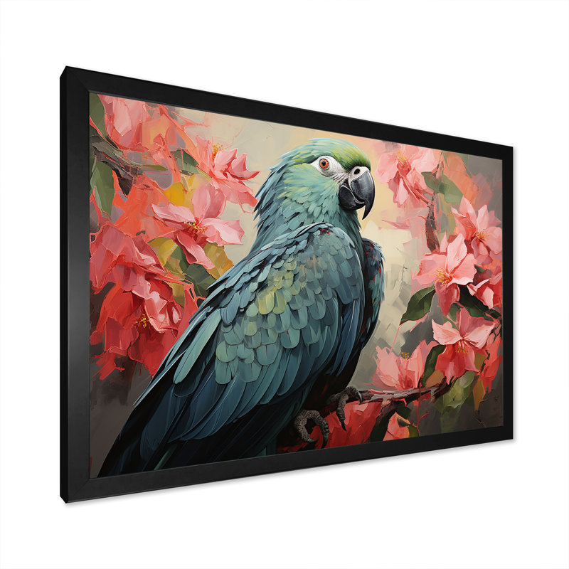 «Blue and Pink Parrot Paradise I», art mural perroquet, Cadre d'angle fermé noir, H 12 po x l 20 po x P 1 po