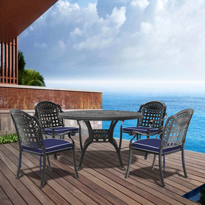 5-Piece Cast Aluminum Patio Furniture Set With Black Frame And Blue Seat Cushions