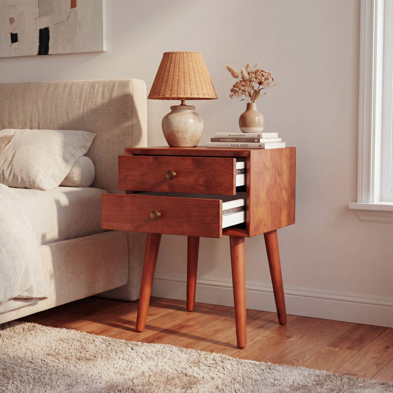 Seadrifte 2-Drawer Nightstand Small Side End Table with Storage for Bedroom Living Room or Entryway, Red