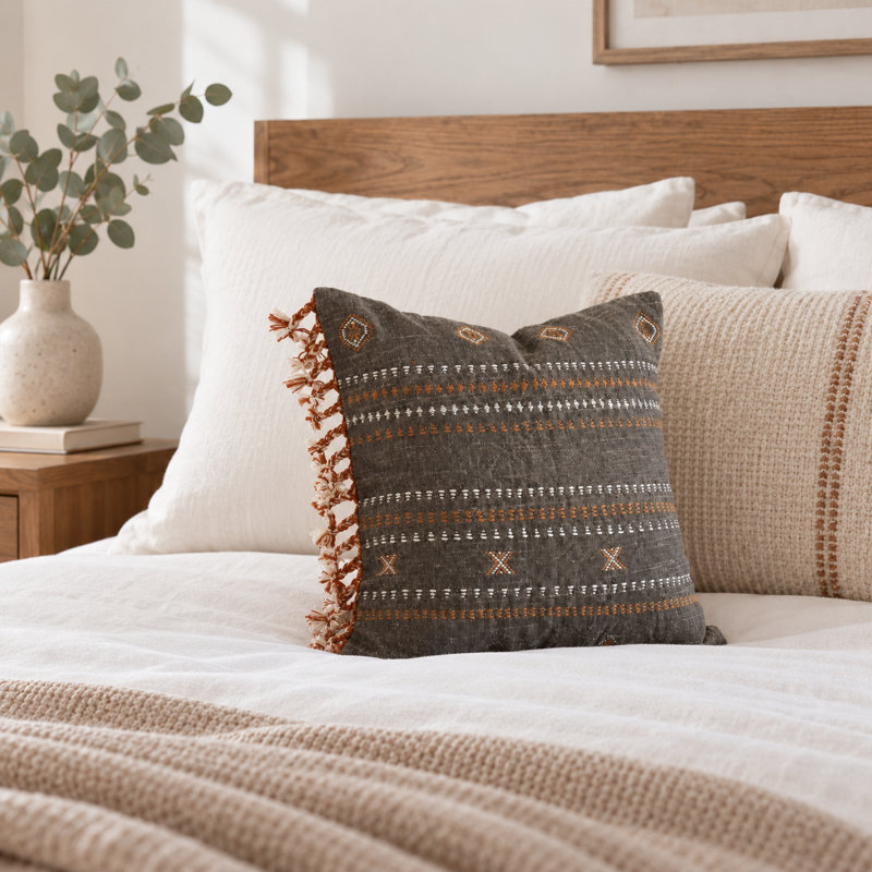 Brown Handwoven Embroidered Cotton Boho Pillow Cover, Brown
