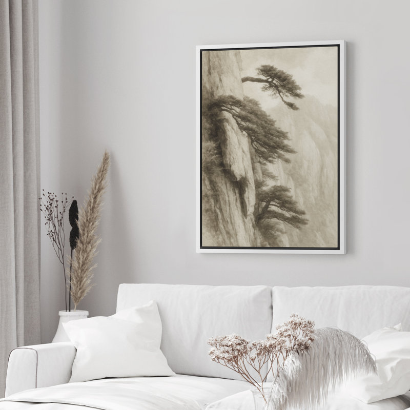 «Pine Trees on Cliffside», art mural - Paysage monochrome de style chinois, décor encadré de montagne brumeuse pour un décor zen ou minimaliste
