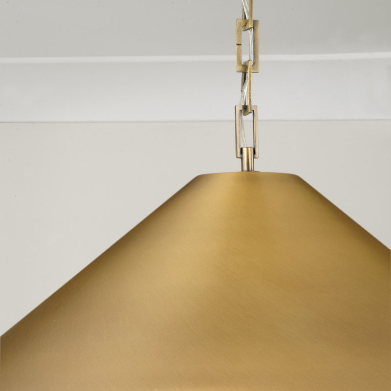 28" W x 10" H 1-Light Metal Cone Pendant in Aged Brass with Painted Brass Interior and Rectangular Designer Chain