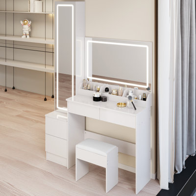 Très grande table de coiffeuse à DEL à 3 interrupteurs et luminosité réglable par commande tactile avec miroirs doubles, rangement multi-couches et tabouret rembourré pour armoire pleine grandeur, style américain, blanc
