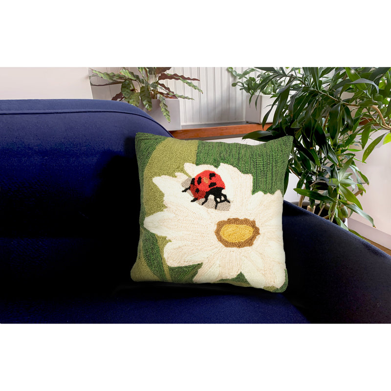Green and White Floral Ladybug Accent Pillow