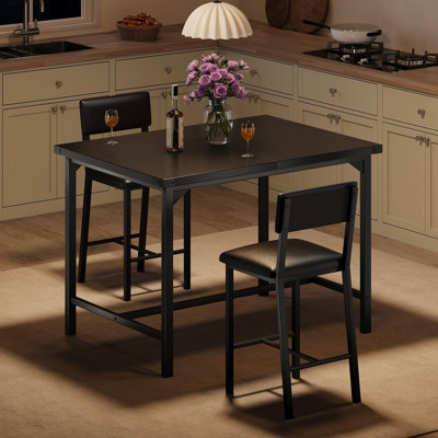 Garvee Dining Table Set for 2 w/Footrest & Corner Protector, 3-Piece Kitchen Table Set with Backrest, Counter Height Table with 2 Upholstered Bar Stoo by 17 Stories