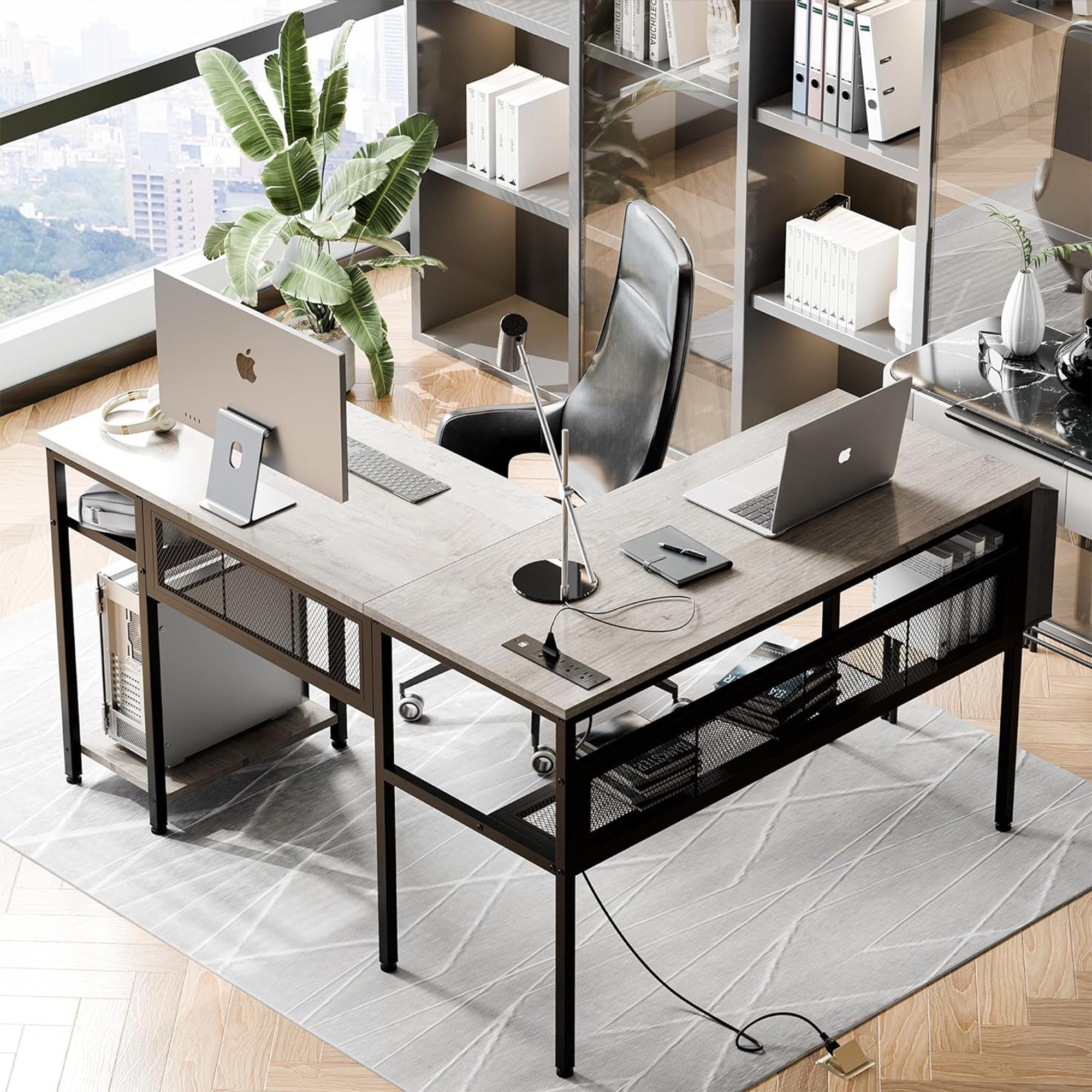 17 Stories Verlis L-shaped Reversible Computer Desk With Power Strip 