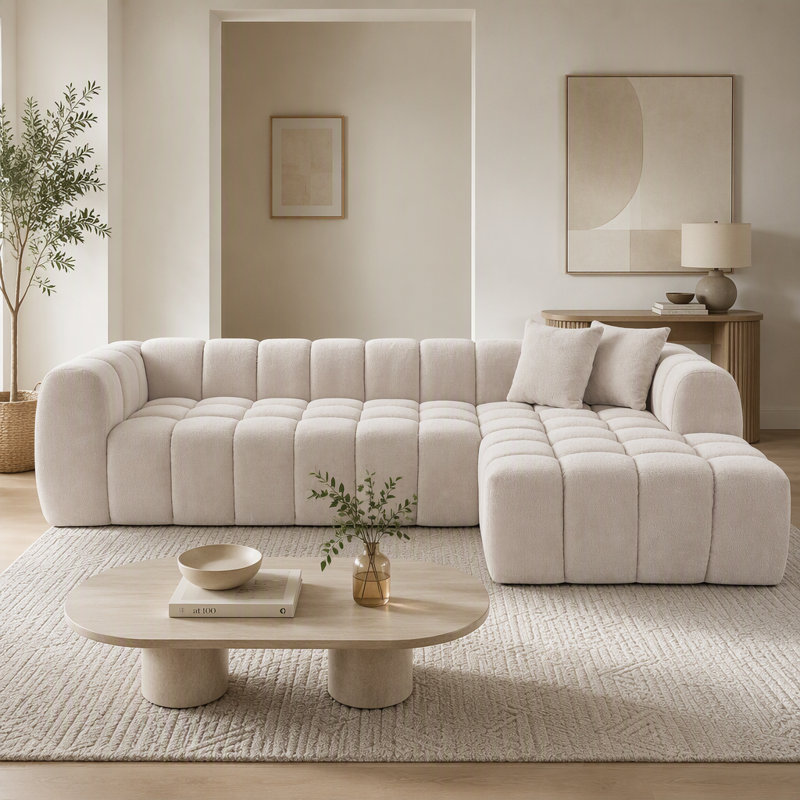 Canapé d'angle modulaire capitonné de 111,3 po, canapé nuage en forme de L avec tissu bouclé effet peluche et coussins, canapé à compression sans armature, blanc