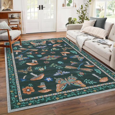 Tapis lavable pour le salon, tapis décoratif à motif floral d'insecte doux antidérapant, tapis d'intérieur pliable résistant aux taches pour la salle à manger, le bureau, la salle de jeux, la chambre de bébé