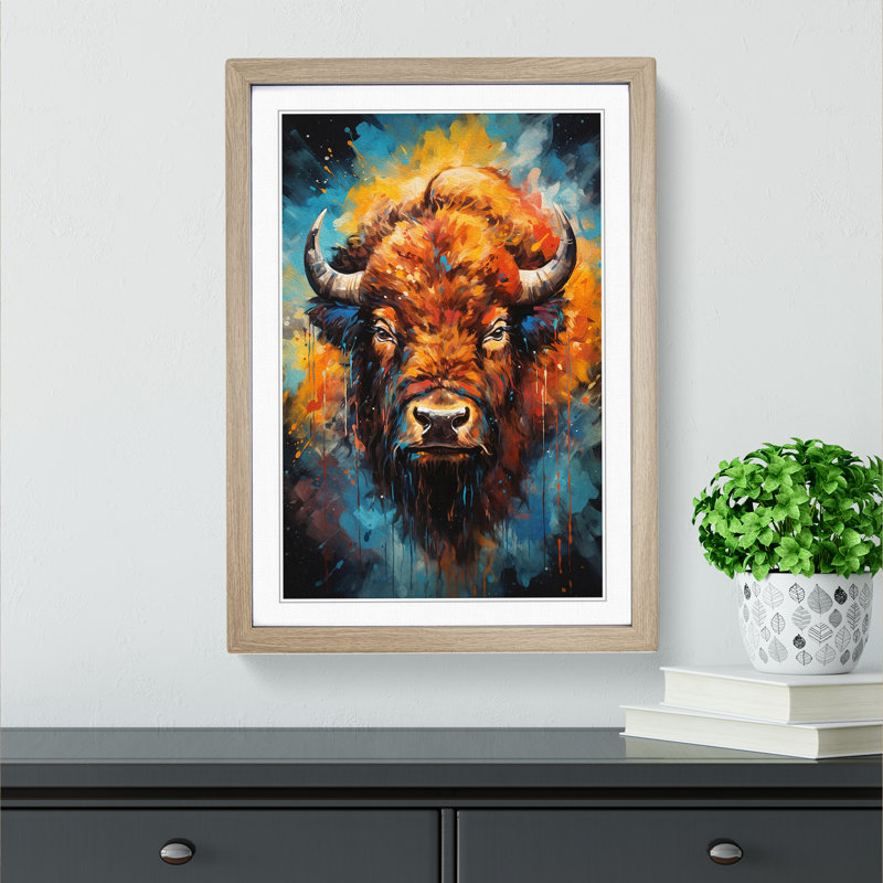 Bison Abstract Art - Framed Print, 34cm H x 25cm W x 2cm D, Oak Framed