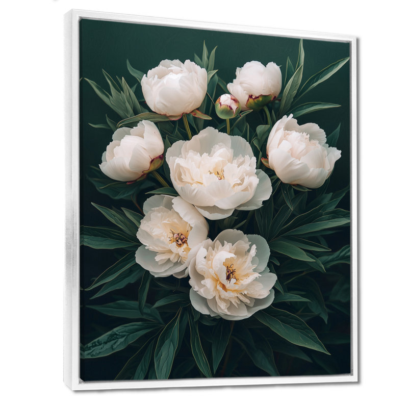 Art sur toile, pivoines sombres II, H 32 po x l 16 po, Reproduction avec cadre flottant, Blanc