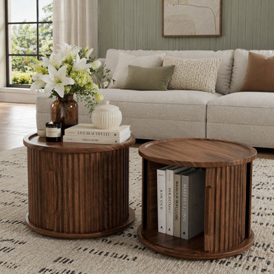 2Piece Round Coffee Table Set with Sliding Door Storage for Living Room & Bedroom