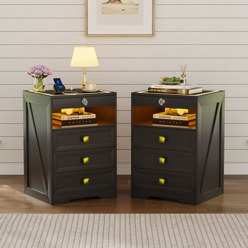 Smart Nightstand With Motion Sensor Light, Hidden Gun Drawer, Wireless Charging, Usb & Type-c Ports, And 3 Storage Drawers
